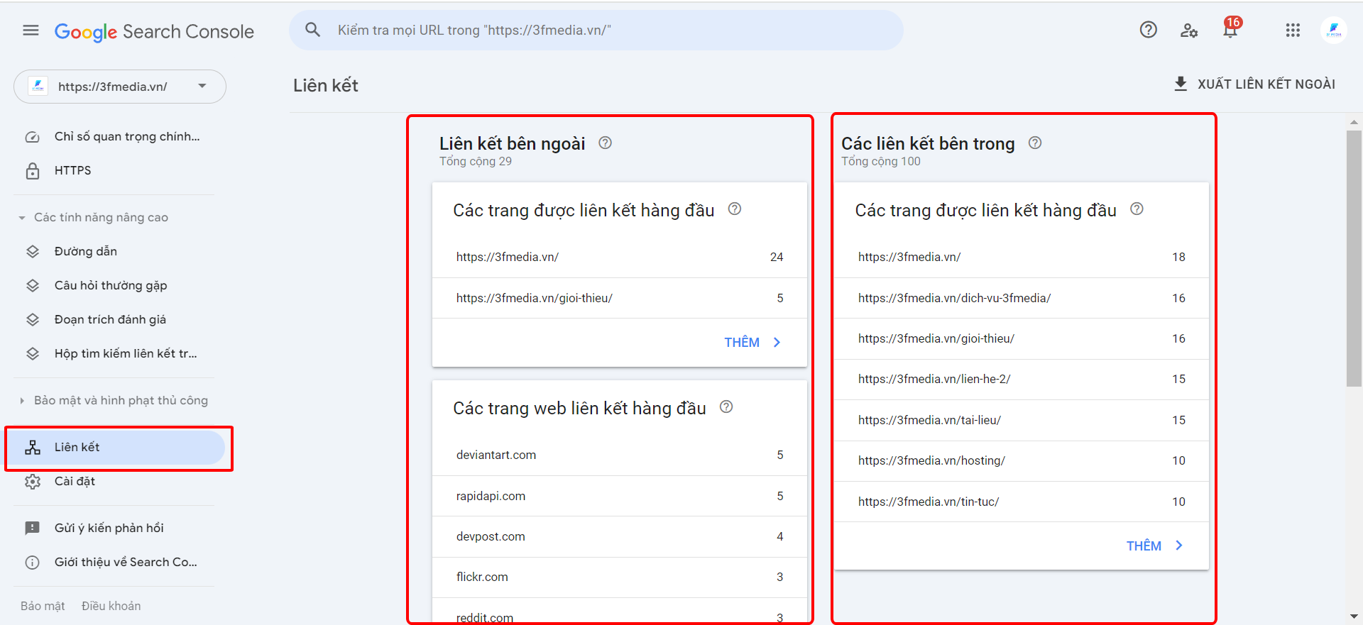 Phân tích phần liên kết google search console cùng 3F Media