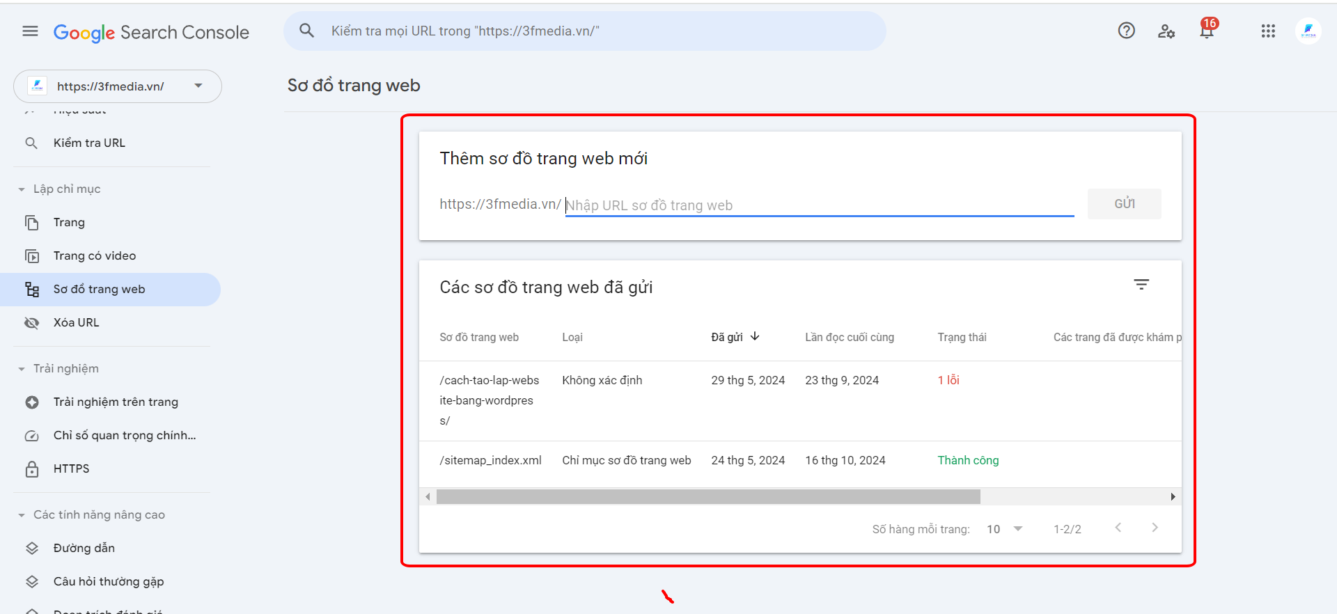 Kiểm tra trạng thái url google search console cùng 3F Media