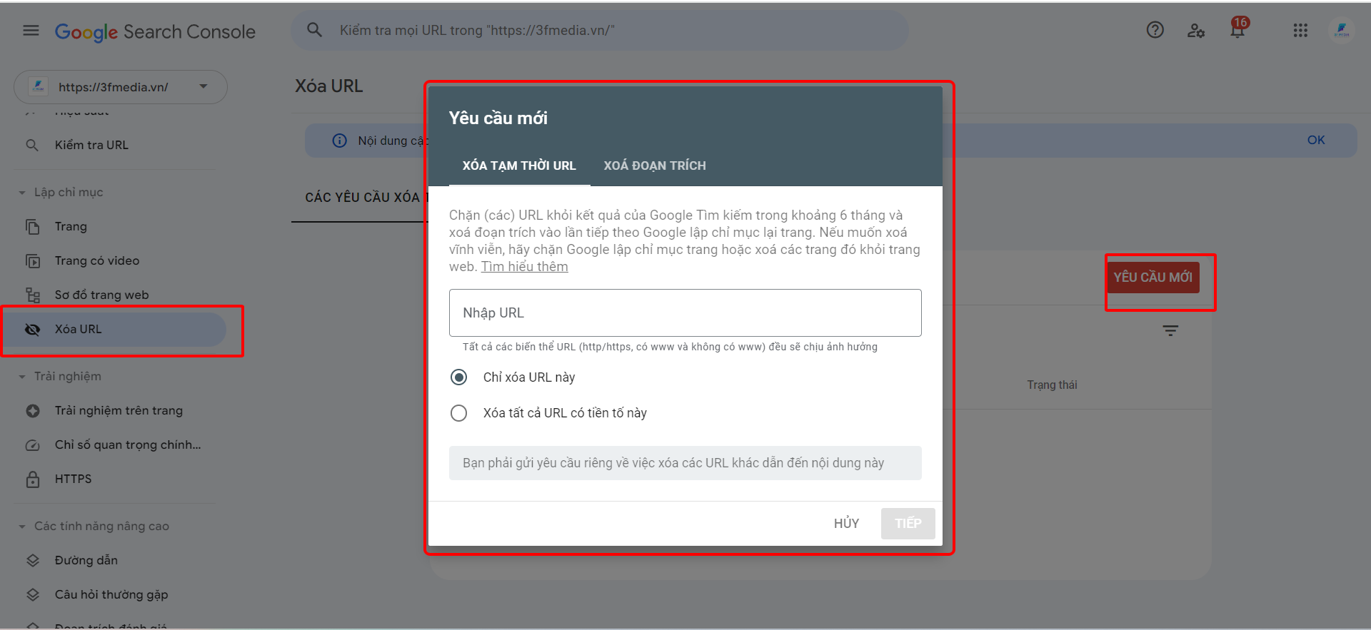 Tính năng xóa url ở google seach console cùng 3F Media